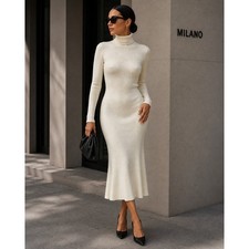 Commense Long Sleeve Turtleneck Midi Dress Ribbed Knit Bodycon Sweater Dress L