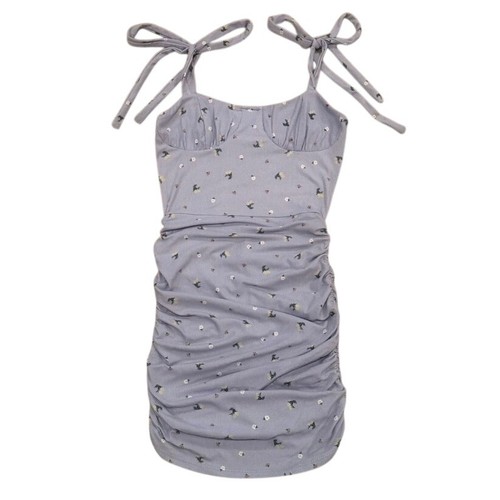 Endless Blu Ruched Tie-Shoulder Mini Dress Blue Floral Small