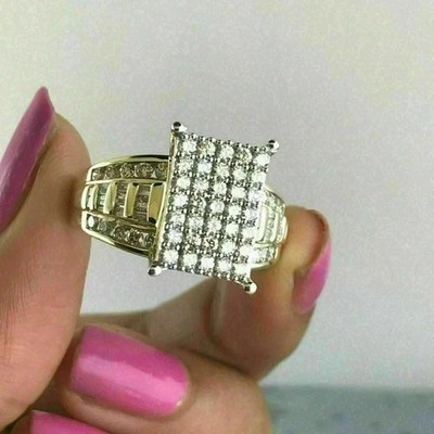 2.80Ct Round Cut Cluster Real Moissanite Engagement Ring 14K Yellow Gold Plated