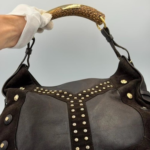 Yves Saint Laurent Mombasa Hobo Bag Horn Handle Suede Leather Studded Brown
