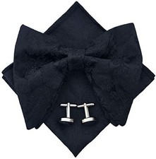 Mens Pre-Tied Paisley Bowtie Oversized Tuxedo Bow Tie Hankie Cufflinks Black