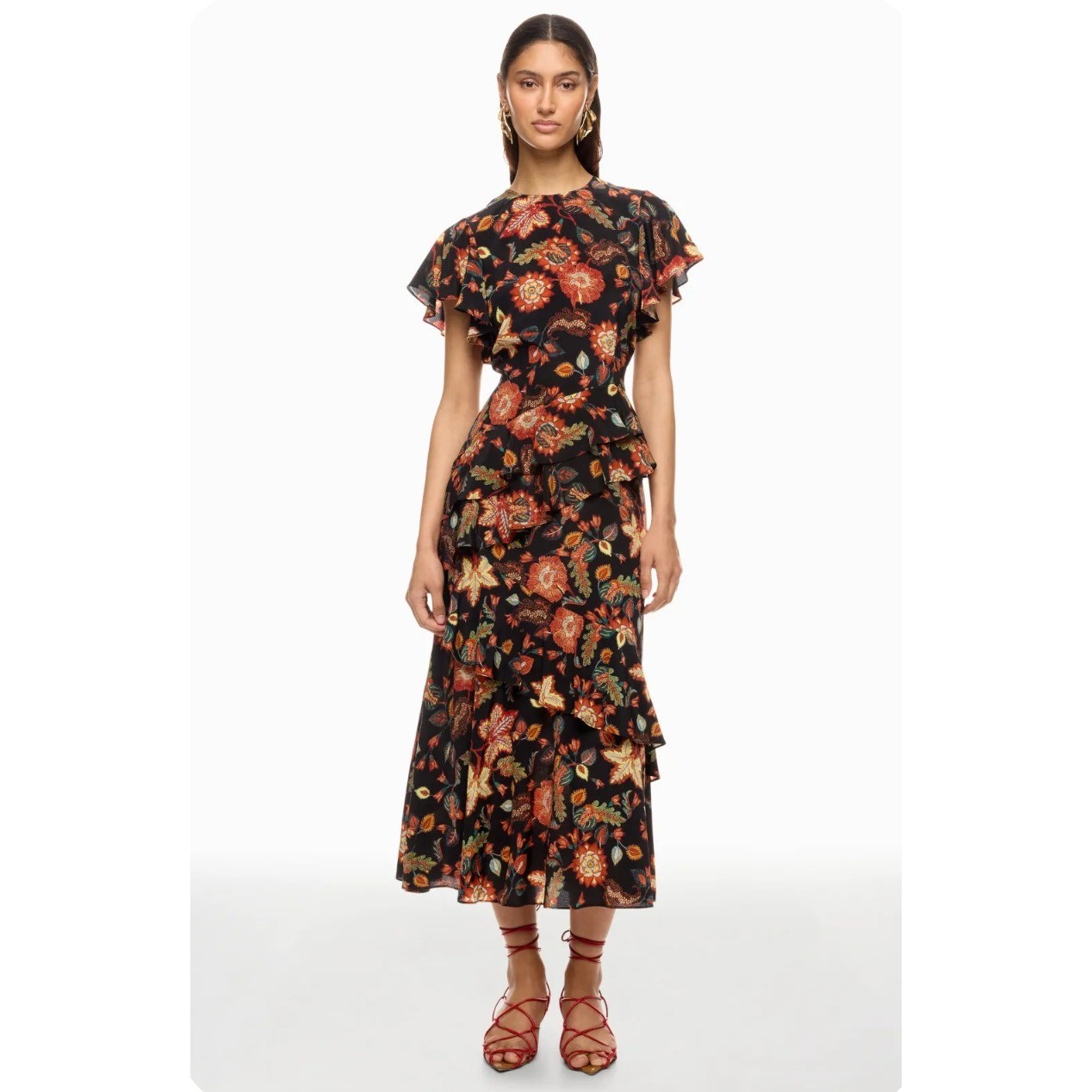 Ulla Johnson Amaia Floral Midi Dress Black Orange Ruffle Flutter Sleeve Sz 8