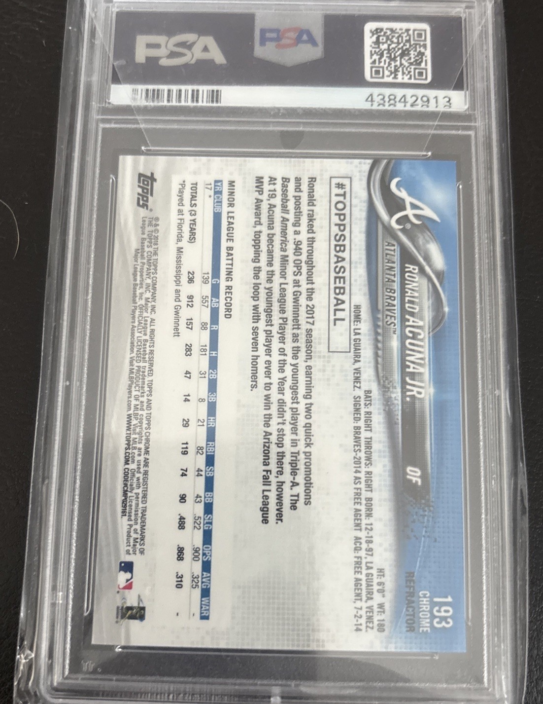 2018 Topps Chrome RONALD ACUNA JR Rookie Refractor #193 PSA 10 view 3