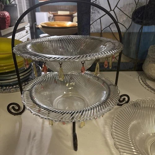 Antique Serving Bowls In Wrought Iron Stand 1931-Swirled Glass Bowls Federal 3