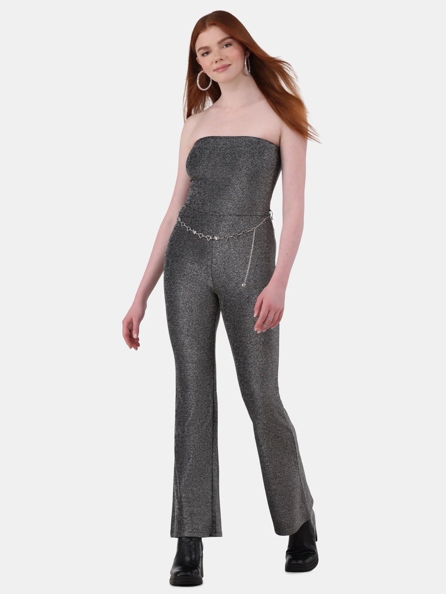 Women's/Juniors Jumpsuit Silver Belt Flared Leg Spandex Stretch