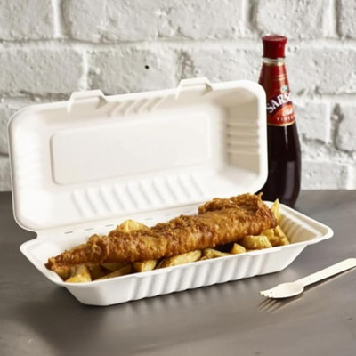 $ große weiße ''Fish and Chip'' Bagasse Boxen - 13'' x 6'' Mahlzeit/Burger/zum Mitnehmen/Bio