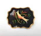 Vintage Toleware Mini Tray Brooch Hand Painted Bird Floral Black Signed & Dated
