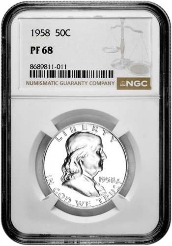 1958 50C Proof Silver Franklin Half Dollar NGC Graded PF 68 in New Holder
