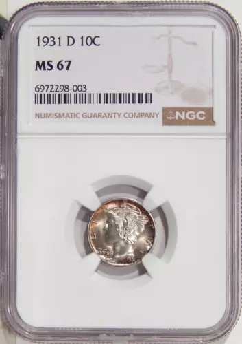 1931-D 10c NGC MS 67 ~ SILVER MERCURY DIME WITH NEAR FULL BANDS