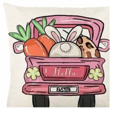 Bunny Truck Carrots Whimsical Spring Easter Throw Pillow Cover Holiday Decor