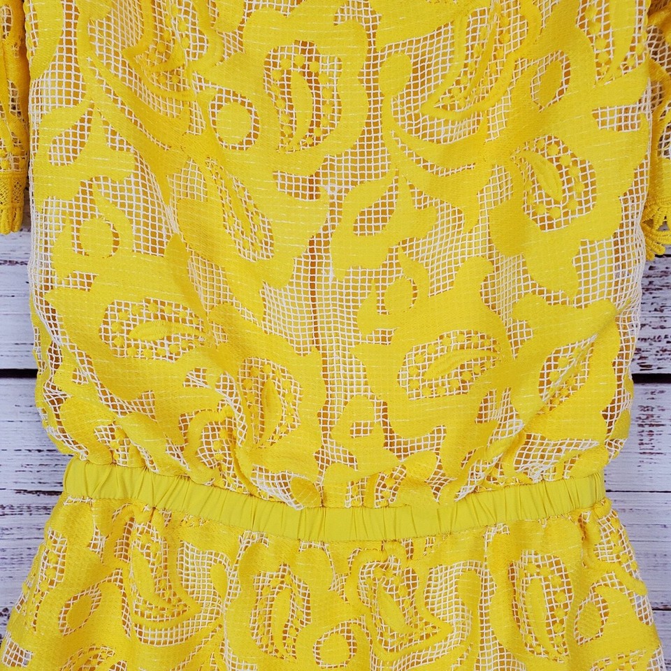 Alexis Yellow Blouson Paisly Floral Lace Mesh Baring Dress Scallop