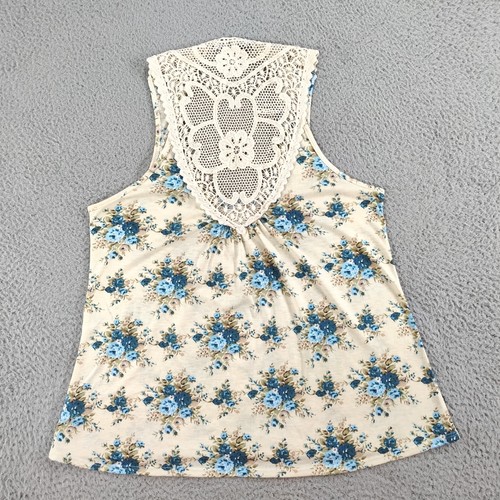 Y2K Fairygoth Grunge Lace Back Tank Top Floral Cream Blue Women XL Button USA - Picture 2 of 15
