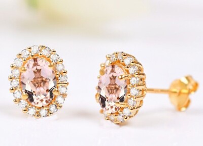 Morganite Stud Earing Diamond Studs Halo Women earing Dainty Studs Gifts For Mom