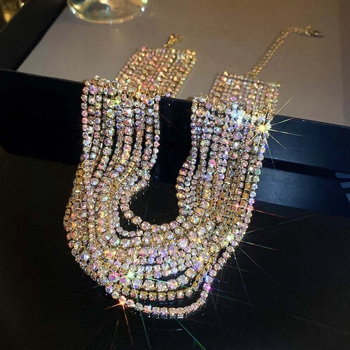 Gold Choker Necklace Wide Multi Layered Crystal Rhinestone Sparkly Waterfall