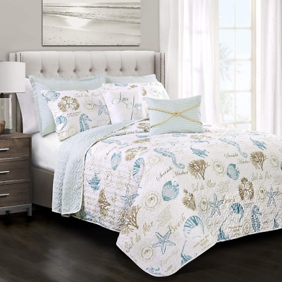 Harbor Life Reversible Quilt Set, 7 Piece Set, Full/ Queen, Blue & Taupe - Strip