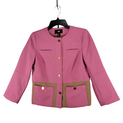H&M Womens Pink Long Sleeve Blazer Jacket Gold Button Lined Tan Trim Size 6