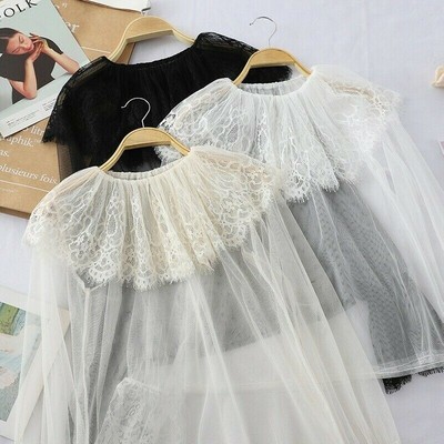 Women Ruffle Mesh Lace Shirt Tops Sheer Peter Pan Cowl Collar Blouse Lolita