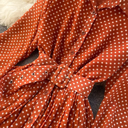 Women Chiffon Pleated Dress Long Puff Sleeve Polka Dot Midi Button with Belt - Picture 12 of 23