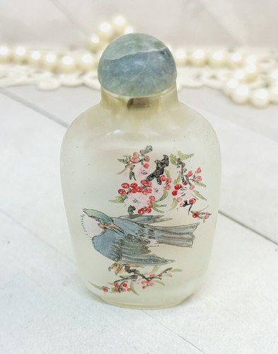 VINTAGE Reverse Hand Painted Glass Snuff Bottle with BIRDS AND FLOWERS