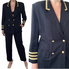 Vintage Pant Suit Nautical Sailor Black Gold 1990s Cruise Blazer Double Breasted