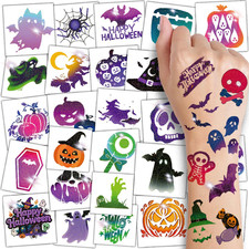 Glitter Halloween Tattoos for Kids - 74 Individually Sheets Glitter Pumpkin Bat