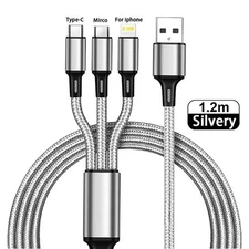 3-in-1 USB Cable Braided Cord Charge Data Type-C 8-Pin Micro for iPhone Samsung