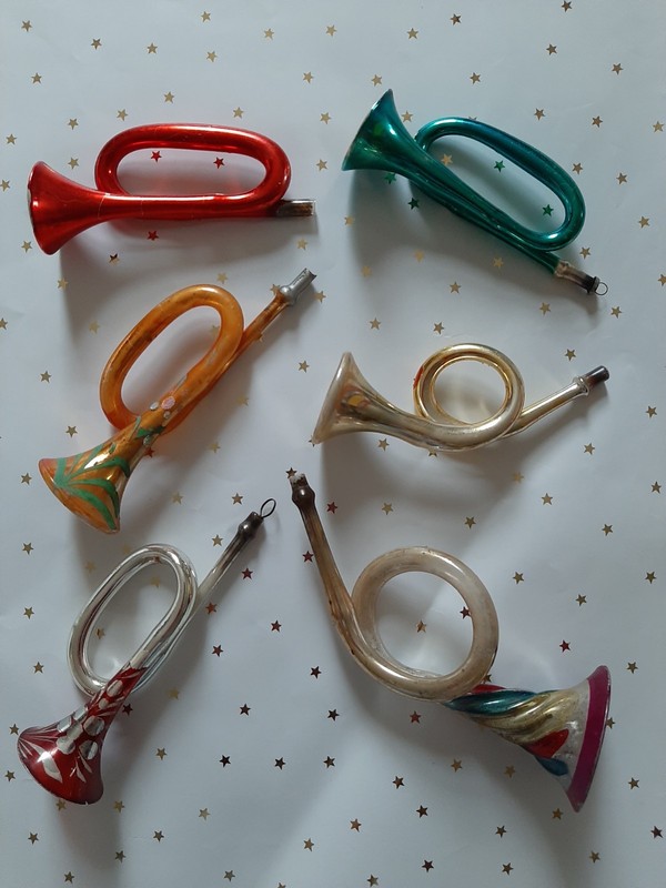 Vintage Christmas Ornaments Glass Horns Set Of 6