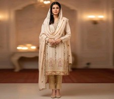 Women's Pakistani Indian 3-Piece Salwar Kameez Dupatta, Custom Size, Beige/Gold