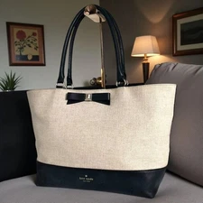 m1204 kate spade New York Canvas Leather Tote Bag with Ribbon A4 Size Black/Bei
