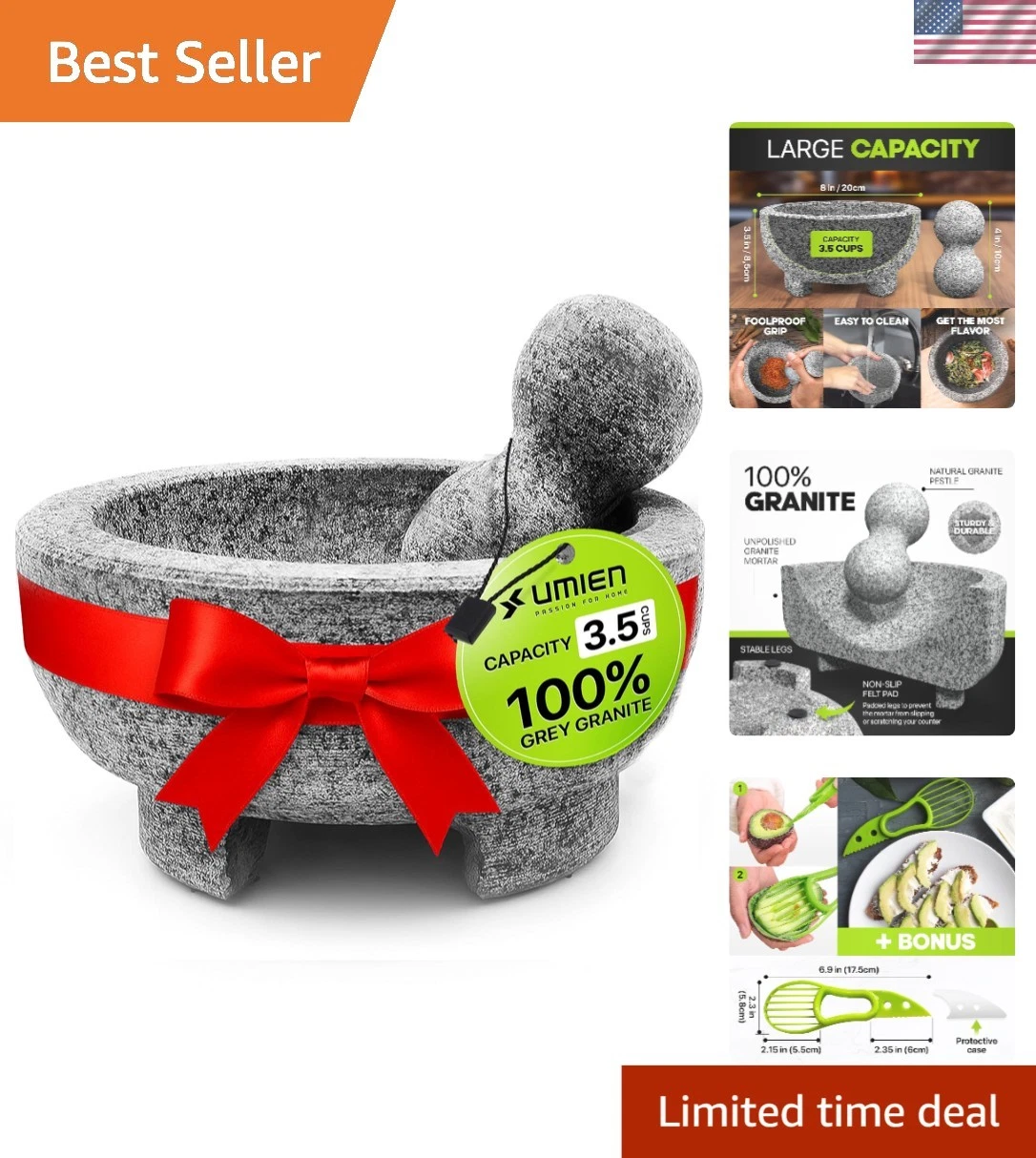 Granite Mortar and Pestle Set - 8-Inch Molcajete with Avocado Tool for Salsas