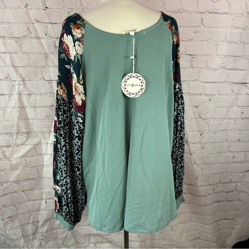 NWT Umgee Teal Floral balloon Sleeve peasant Tunic boho western sz 1XL flowy - Picture 3 of 8