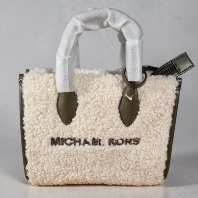 Michael Kors Mirella Small Shopper Teddy Shearling Crossbody Bag Olive Cream NWT