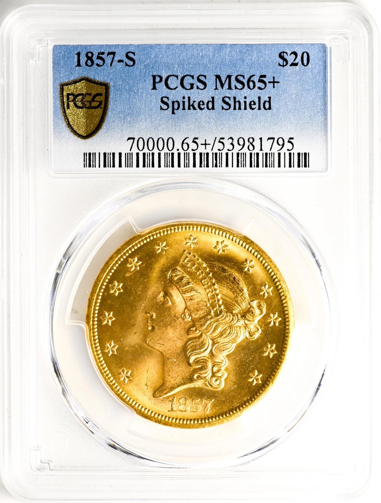 1857-S LIBERTY HEAD $20 PCGS MS 65+