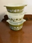 Vintage Pyrex Crazy Daisy Casserole Dishes  Green Set Of 3- #471-472-473 w/Lids