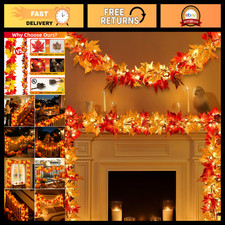 9Ft Plug-in Fall Garland with Lights, 50 Orange Bulbs, Lush Leaves for Autumn De