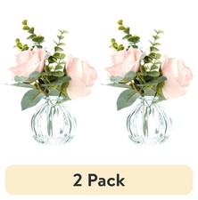 2 pack 8" Tabletop Faux Rose Floral Arrangement in Clear Glass Bud Vase