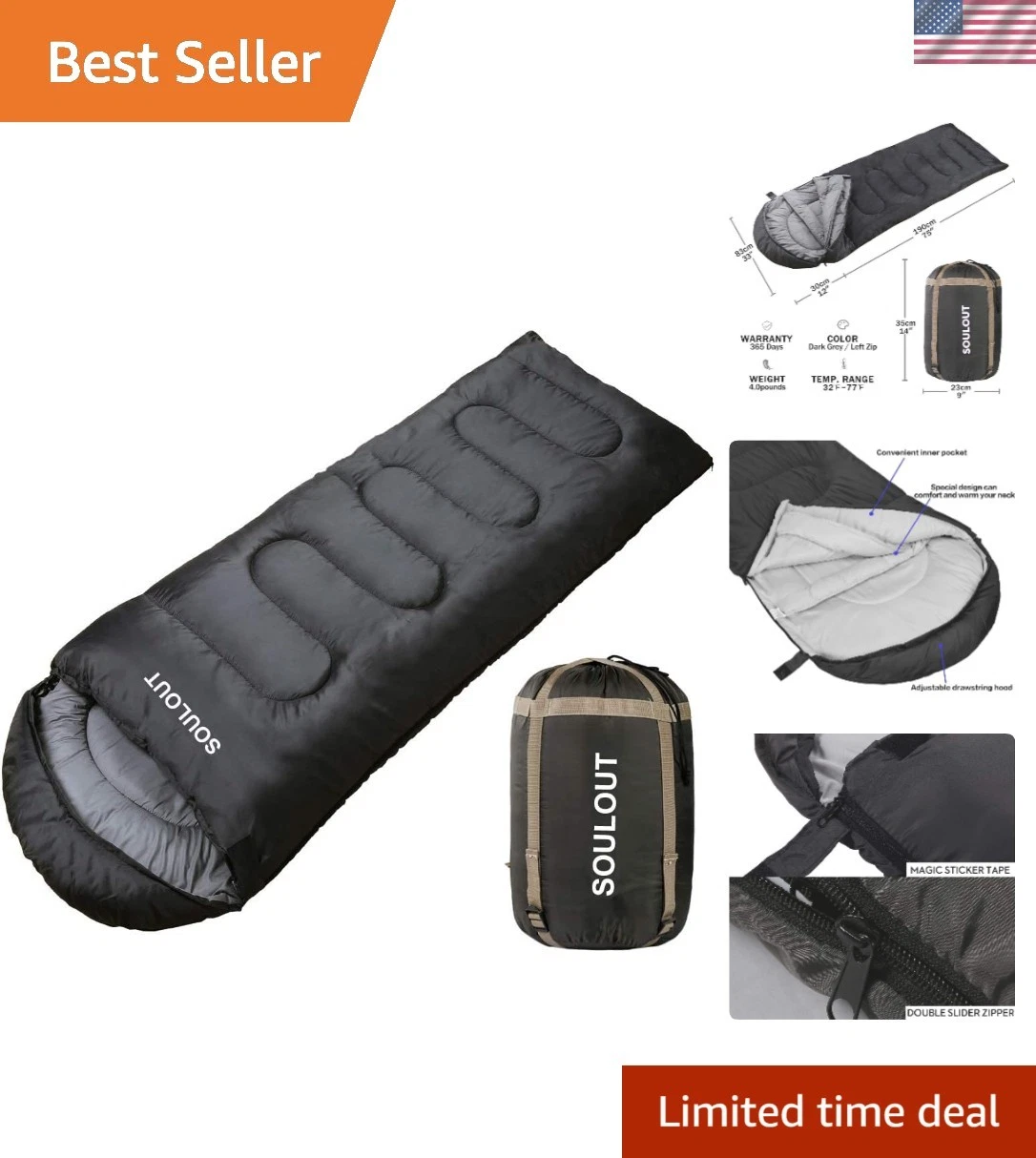 New 3-4 Season Sleeping Bag, Adult & Kids, Waterproof, 87x33 Dark Grey
