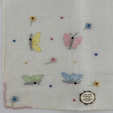 Handmade Madeira Linen Handkerchief Embroidered Butterflies Flowers Pink Trim