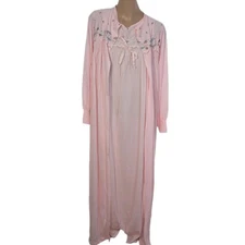 Vintage Pink Peignoir Nightgown Robe Set Womens Large Embroidered Maxi 2 Piece