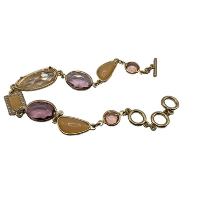 Womens Multicolor Pink Glass Resin Tennis Bracelet Gold Tone Toggle 8.8 Inch