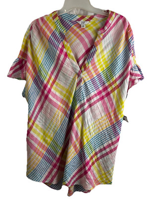 Crown Ivy Linen Womens M Top Colorful Plaid Womens  Flutter Sleeve Blouse Shirt