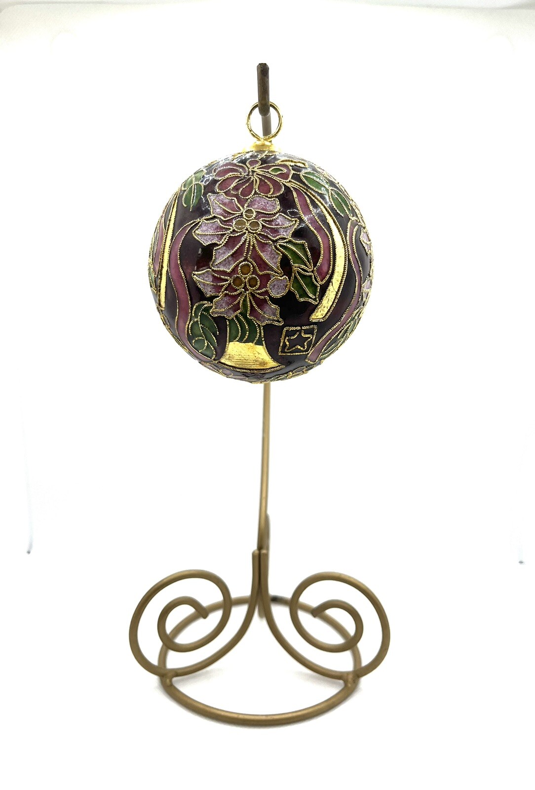 Cloisonné Enamel Poinsettia Bells Ribbon Christmas Ornament With Brass Stand Vintage Decor, vintage brass decor