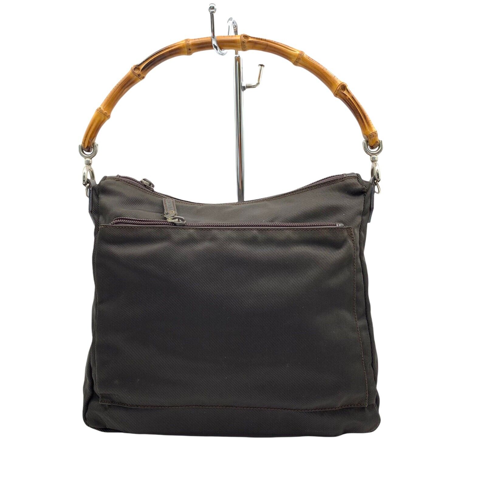 Gucci Vintage Bamboo Tote Handbag Nylon Brown Aut… - image 1