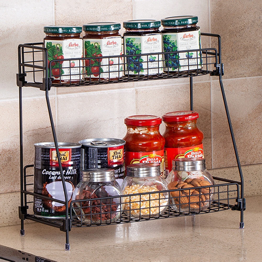 2 Tier Kitchen Spice Rack Iron Basket Storage Shelf Display Stand Desk Organiser