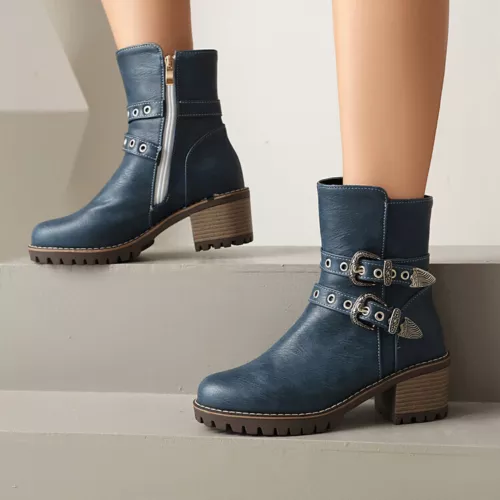 Women Booties Mid Chunky Heel Round Toe Zip Up Casual Buckle Fashion Ankle Boots - Bild 20 von 29