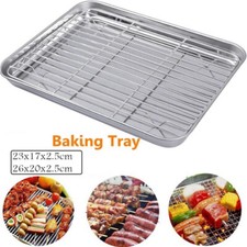 Rectangular BBQ Baking Tray Draining Oil w/ Grid Rack Stainless Steel Baking Pan