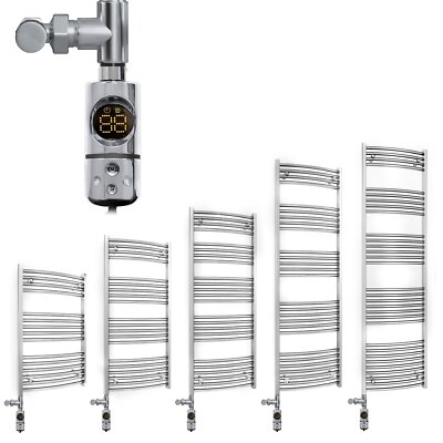 600mm breit gebogen Chrom Handtuchschiene Heizkörper + Dual Fuel AF Thermostat Kits