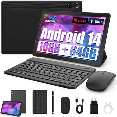 Tablet 10 Zoll 8-in-1 Kit Android 14 Tablet PC mit Hülle Tastatur Maus Stift