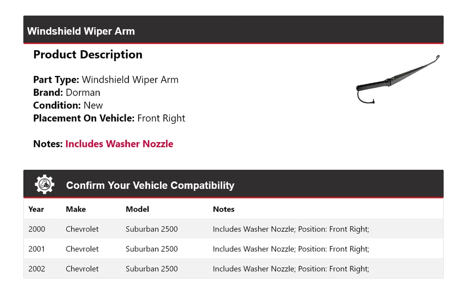 For 2000-2002 Chevrolet Suburban 2500 Dorman Windshield Wiper Arm Front Right - Image 2 of 4