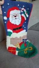 Vintage Christmas Stocking Santa Claus Latch Hook  Velveteen Chimney Blue  Red